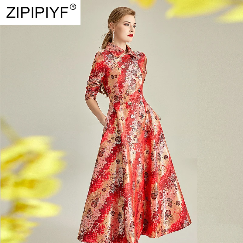 2020 Spring Women New Fashion Jacquard Dress Turn Down Collar Long Sleeve Double Breasted Big Swing Mid-Calf Vintage Coat Y121 | Женская