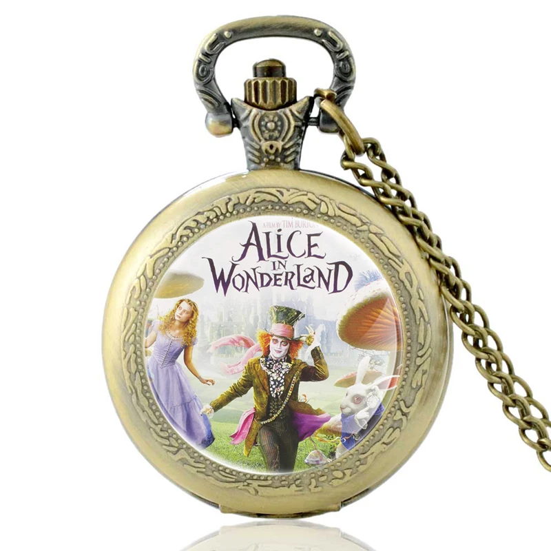 

Античный бронзовый дизайн Алисы в стране чудес стеклянный кабошон кварцевые карманные часы винтажные мужские женские подвески ожерелье ча...