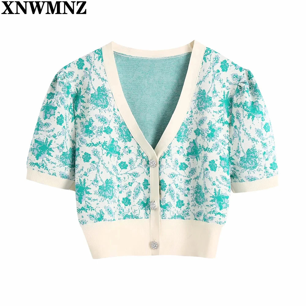 

XNWMNZ 2021 Summer Women's fashion jacquard knit cardigan Retro women v-neck puff sleeves button cardigan top woman chic tops