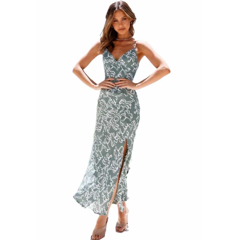 

WEPBEL High Waist Dress Women's Sexy Floral Print Slim Dress Summer Sleeveless V-neck Backless Split Spaghetti Strap Dress