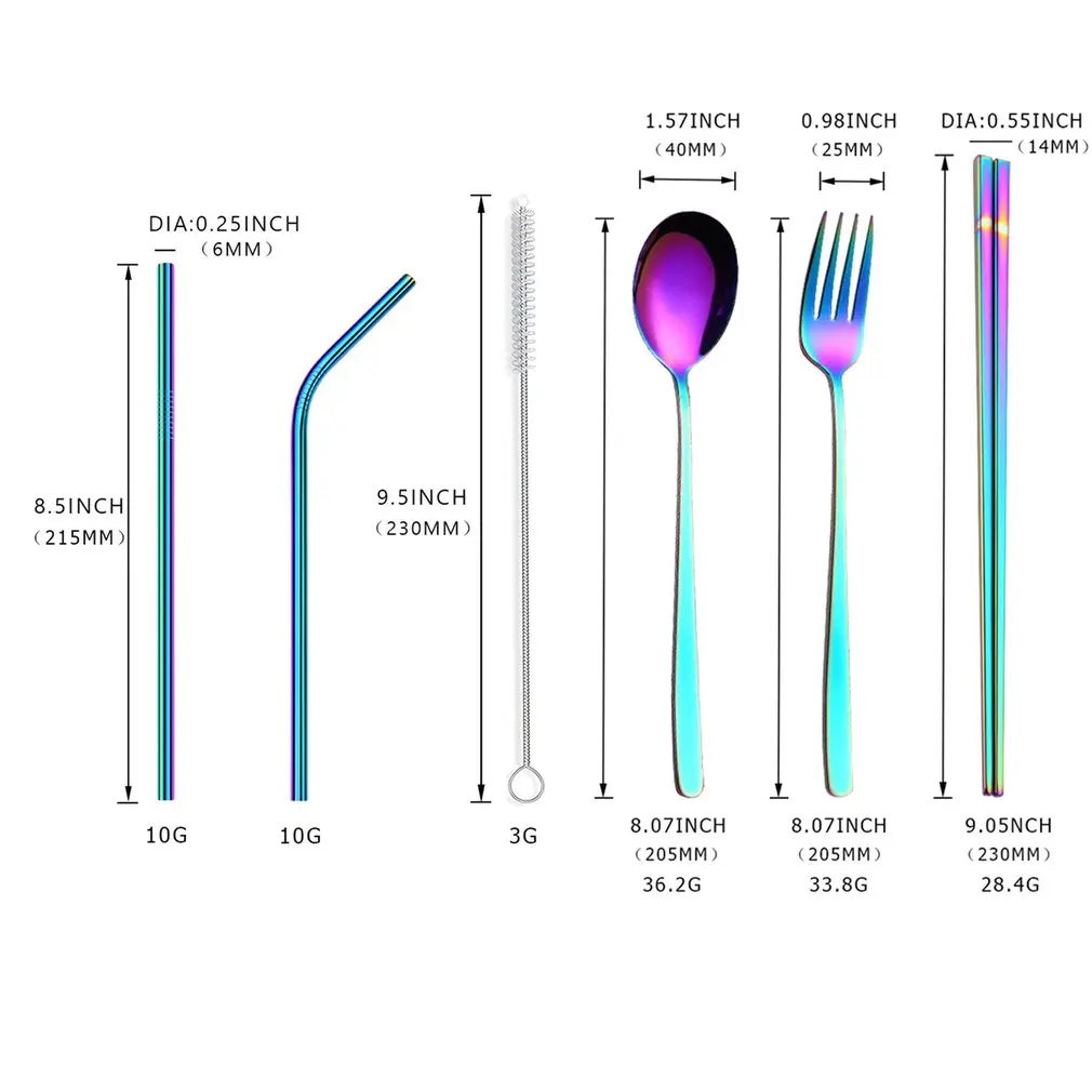 

5pcs Stainless Steel Flatware Set Spoon Fork Chopsticks Straw With Cloth Pack Portable Travel Cutlery Kit Flatware Set