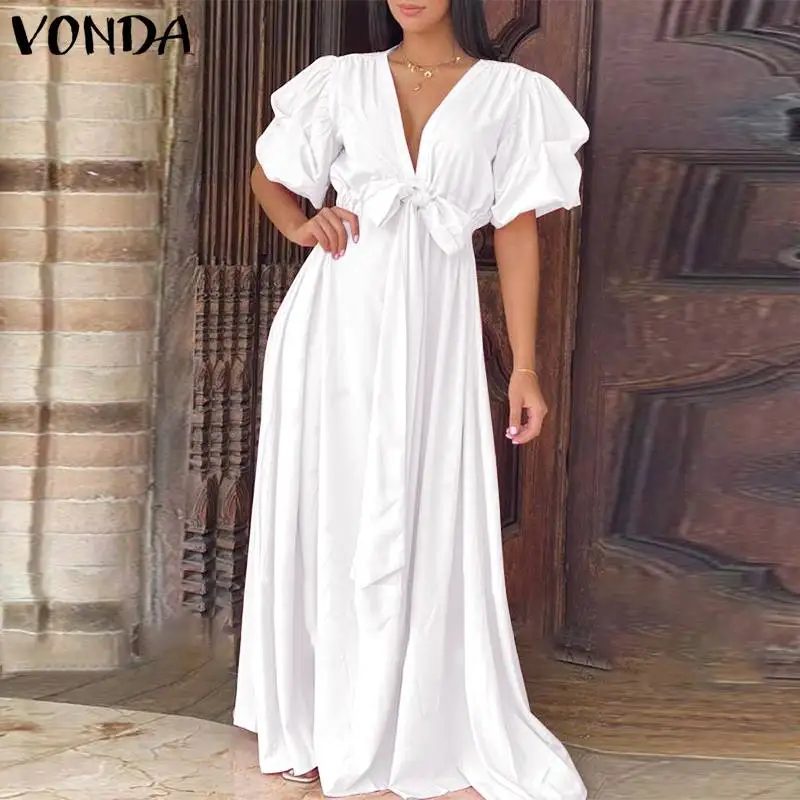 

VONDA 2021 Summer Maxi Dress Women Deep V Neck Sexy Short Sleeve Belted Dresses Bohemian Vestidos Loose Beach Sundress