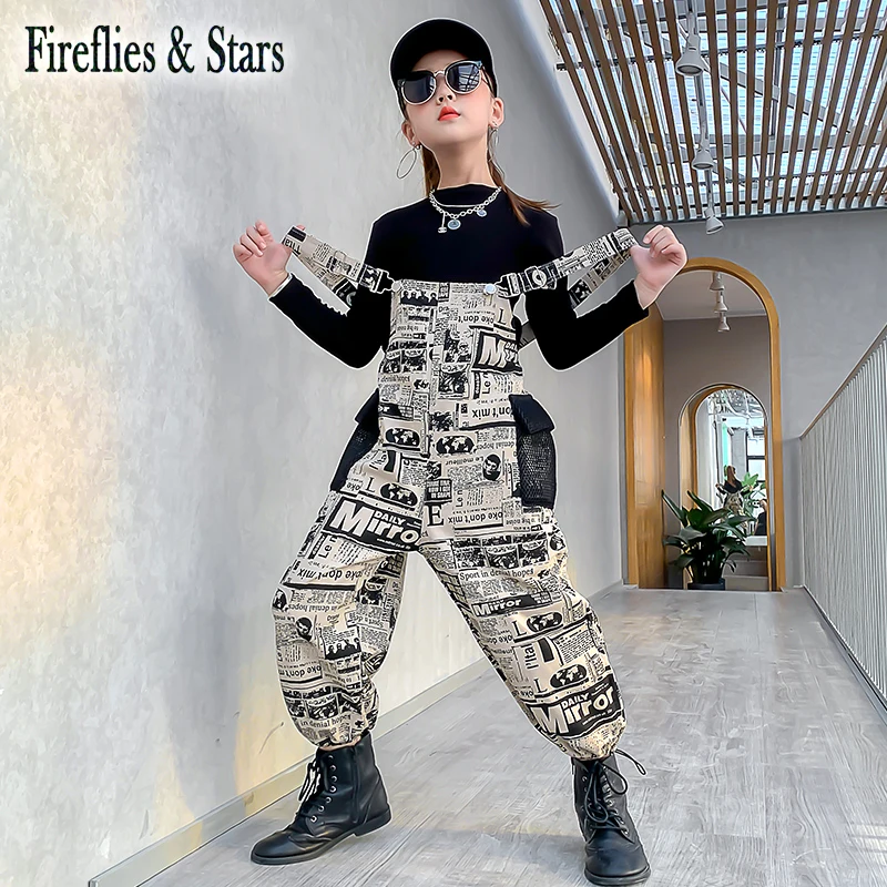 Весенне-осенний комплект из 2 предметов для девочек футболка + штаны на подтяжках