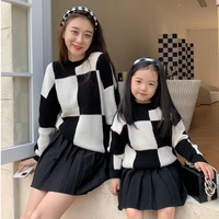 autumn winter casual plaid family matching sweaters mother and kids anti pilling knitwear