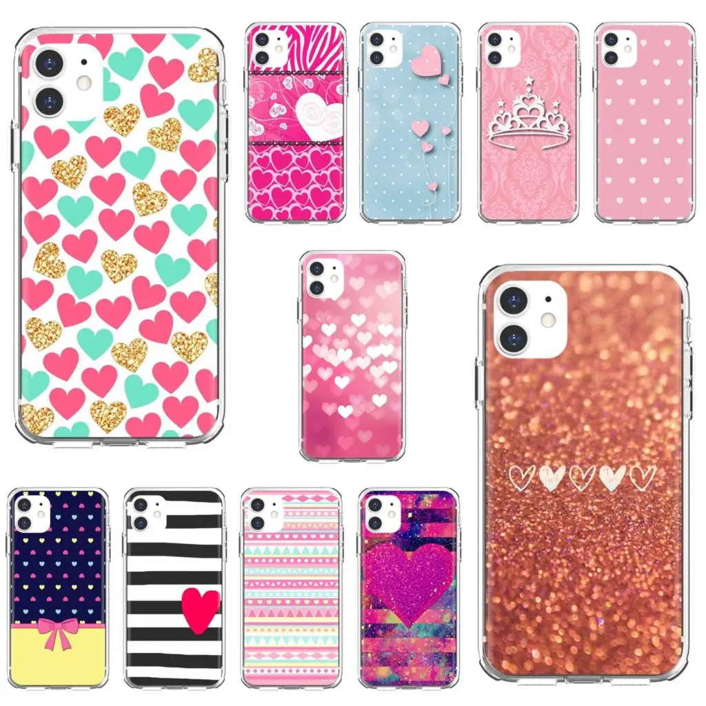 

Phone Cover Pink-Rose-Heart-Stripes-Princess For Apple iPhone 10 11 12 Pro Mini 4S 5S SE 5C 6 6S 7 8 X XR XS Plus Max 2020