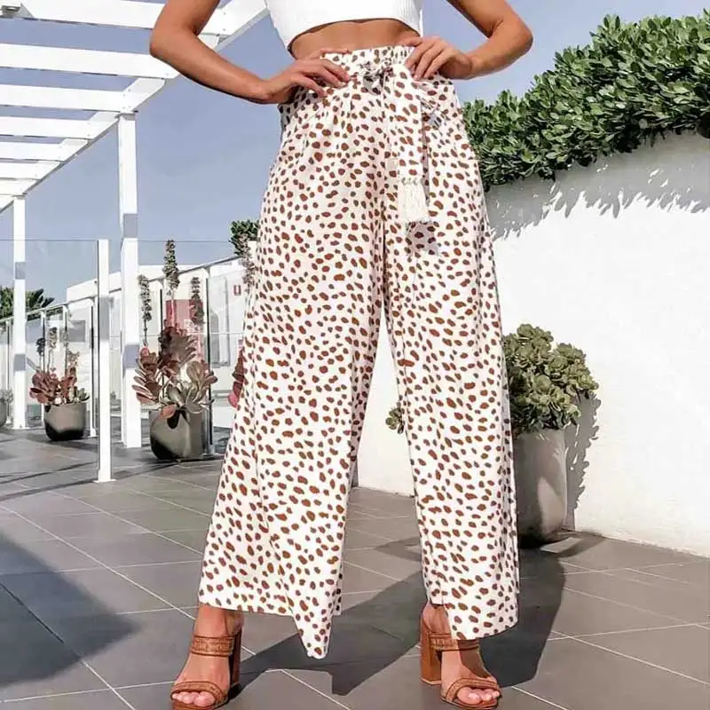 

Брюки женские с широкими штанинами, эластичная резинка на талии, свободные штаны в стиле бохо с завязками и кисточками, с леопардовым принто...