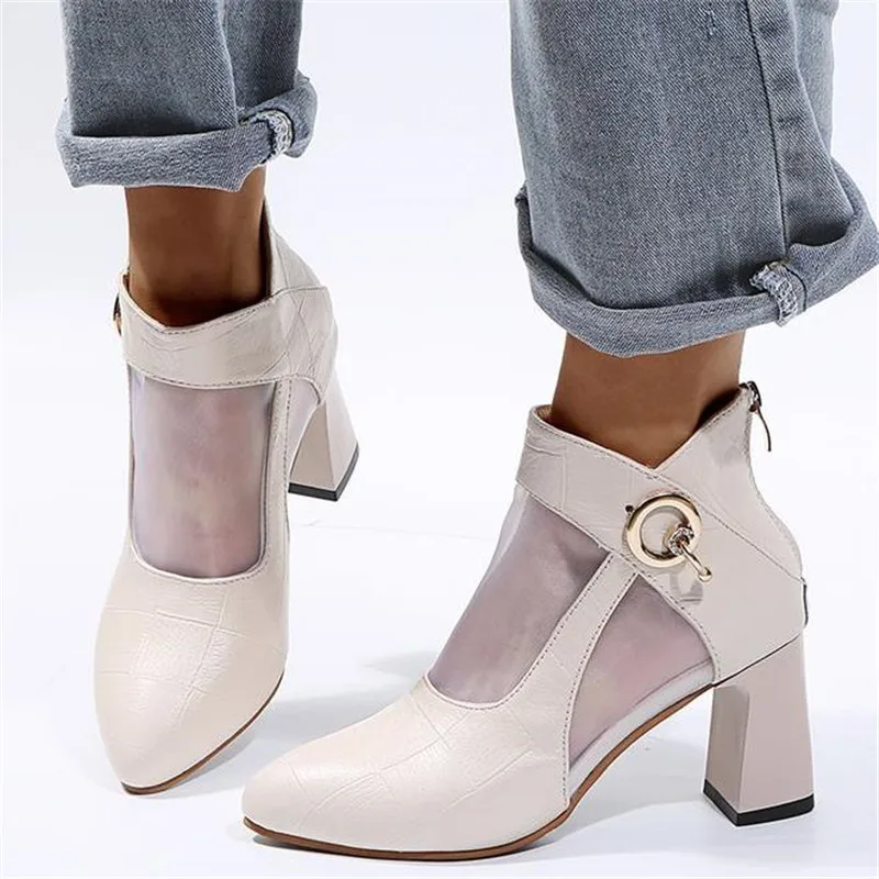 

2021 Woman Shoes The New Square Heel Mesh Pumps High Heels Summer Female Shoes Platform Sandals Ladies Party Shoes Large Size