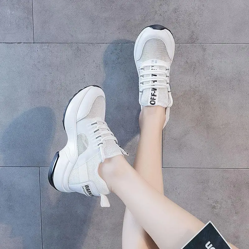 

2020 Increased Mesh Fashion Women Casual Shoes White Lace Up Shallow Ladies Rubber Casual Sneakers Female Flat Platform Shoes