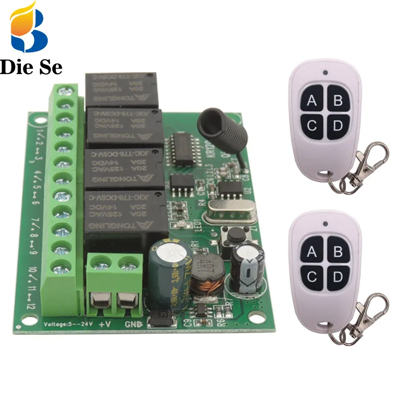 

Diese 433MHz Universal Wireless remote DC 6V~30V 4CH rf Relay Module and Remote control ,for Garage/Light/Door/Home appliance
