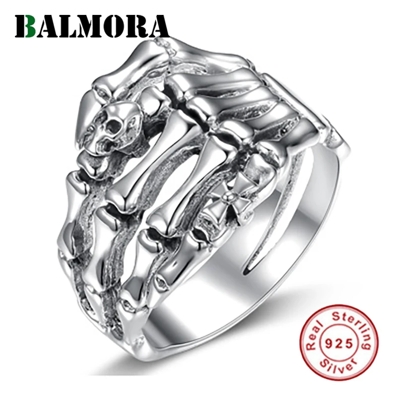 

BALMORA Real 925 Sterling Silver Punk Hand & Skull Stacking Finger Ring for Men Women Couple Gift Vintage Cool Fashion Jewelry