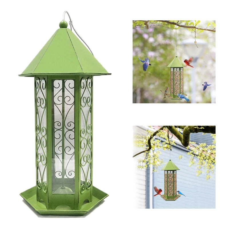 

Hexagon Shaped Green Outdoor Bird Feeder Mental Wild Bird Peanut Seed Nut Feeder Hanger Bird Supplies Standing Feeder
