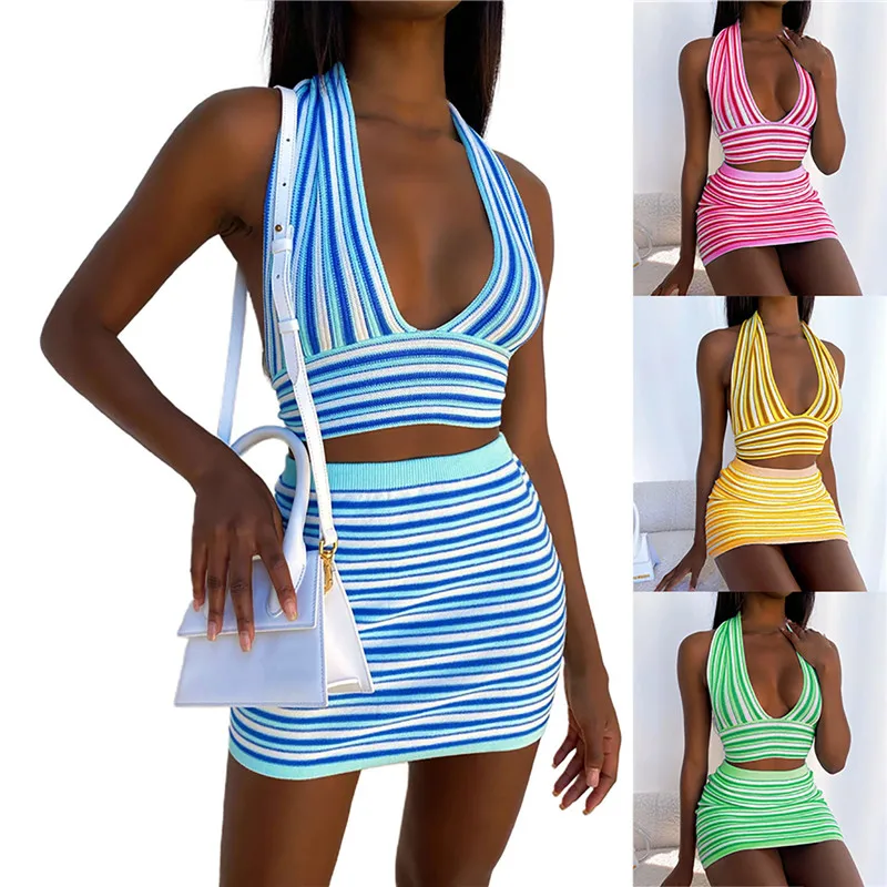 

Two Piece Skirt Set Outfits for Women Knitted Halter Tank Crop Top and Bodycon Mini Skirts Suit Y2k Summer E-Girl Streetwear