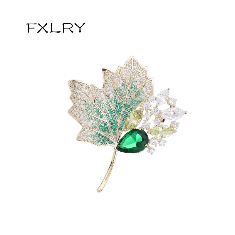 

FXLRY Luxury AAA Cubic Zirconia Maple Leaf Brooches Women Flower Weddings Brooch Pins Gifts