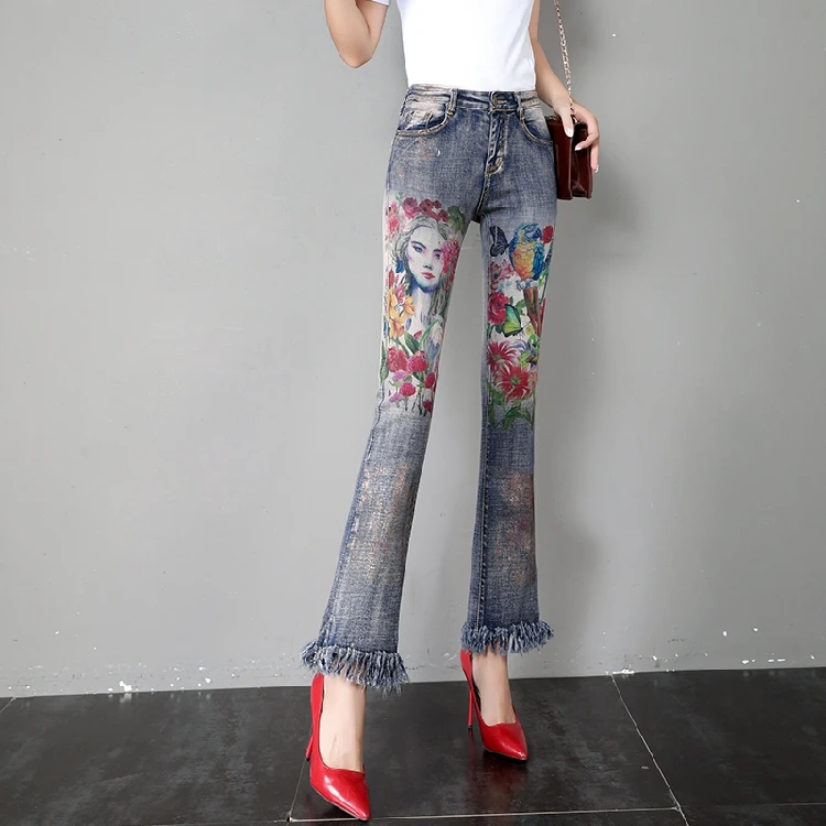Женские раскрашенные бронзовые джинсы Новые Модные расклешенные с принтом