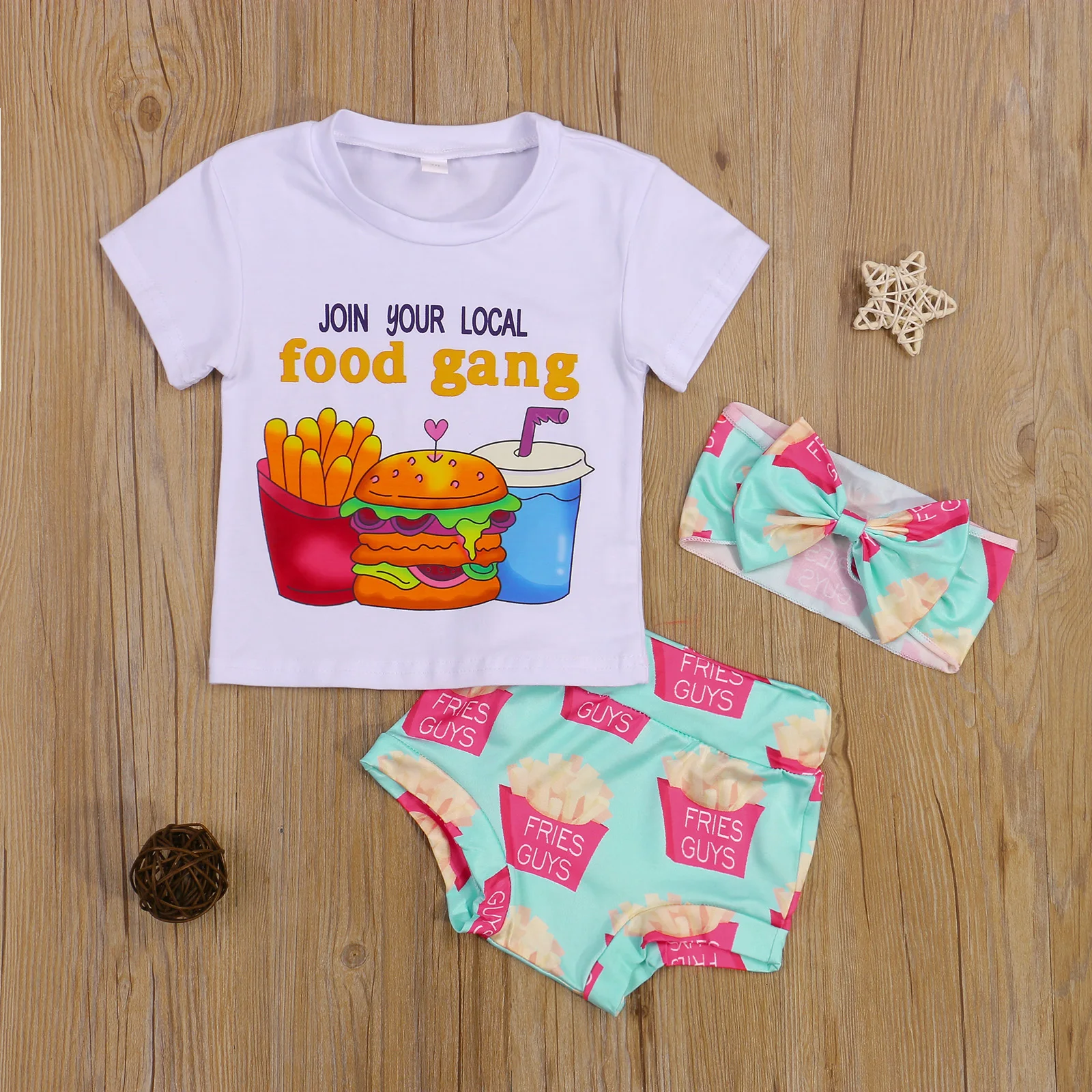 

Baby Girls Three-piece Clothes Set, White Round Collar Short Sleeve Tops, Elastic High Waist Shorts and Headdress Summer Suit