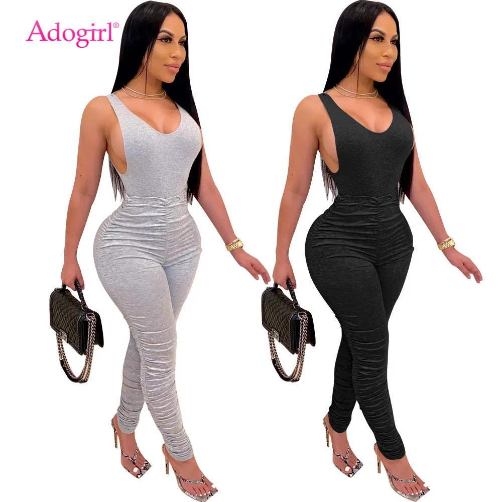 

Adogirl Women Solid Pleated Jumpsuit Fashion V Neck Tank Playsuit Ruched Pencil Pants Female Tracksuit Sexy Sporty Romper 2020