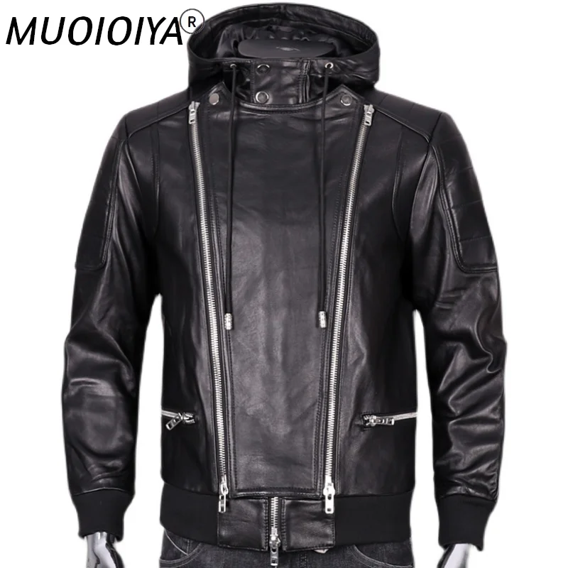 

Genuine Leather Jacket Men's Sheepskin Motorcycle Leather Jacket Hooded Slim-fit Leather Coat for Male