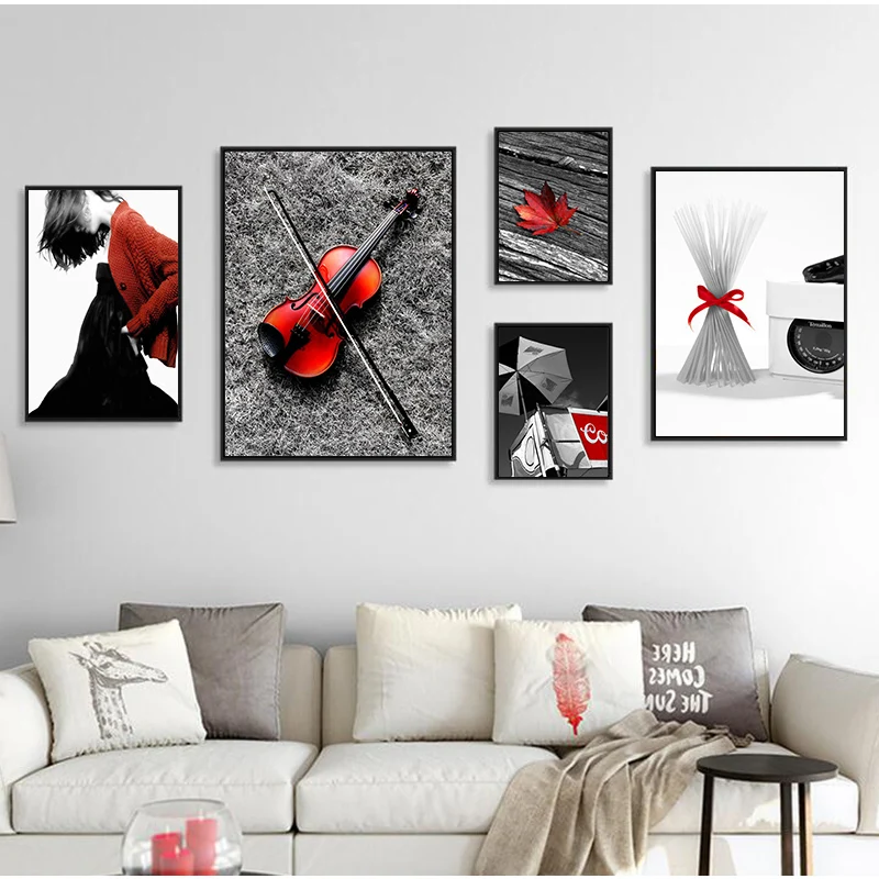 Современная женская черная белая красная листья Божья коровка Холст Картина