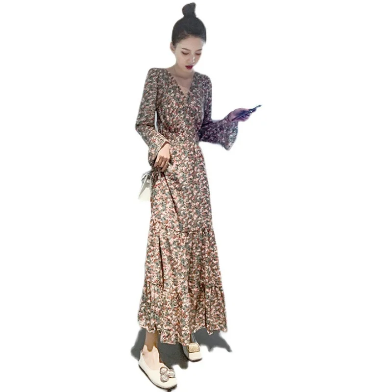 

Vintage Floral Milk Silk Dress for Women 2021 New