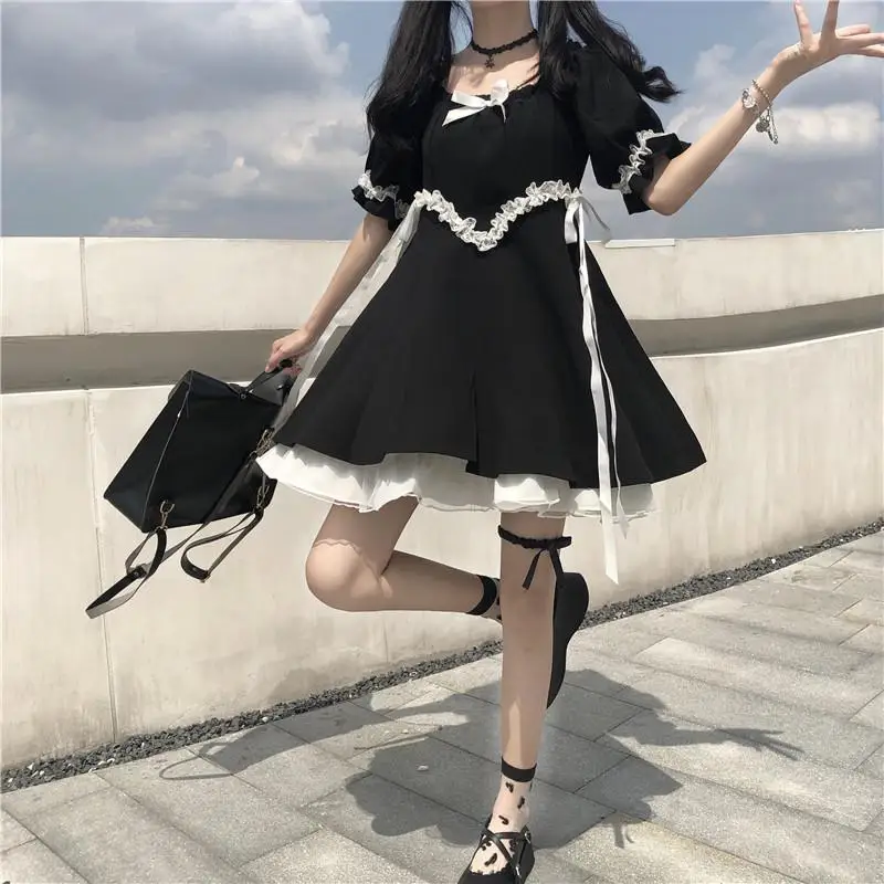 

Japanese Sweet Gothic Kawaii Little Black Dress Vintage Square Collar Cute Lace Bow Sweet Ruffles Puff Sleeve Lolita Dresses