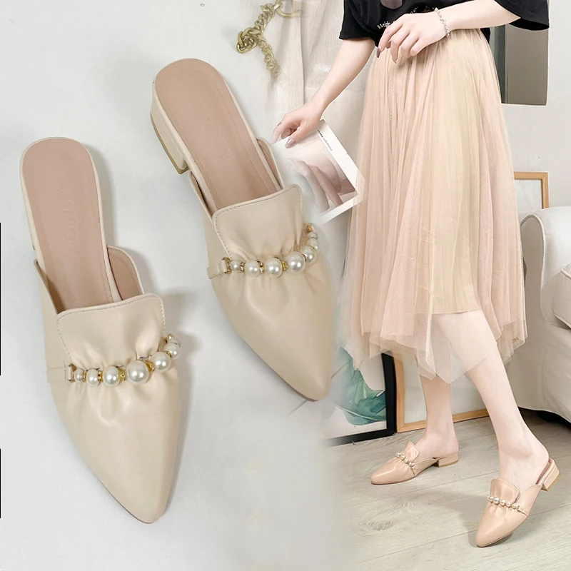 

Loafers Pointed Toe Slippers Soft Shoes Slides Fashion String Bead Slipers Women Low Square heel Comfort Luxury 2021 Summer Bloc