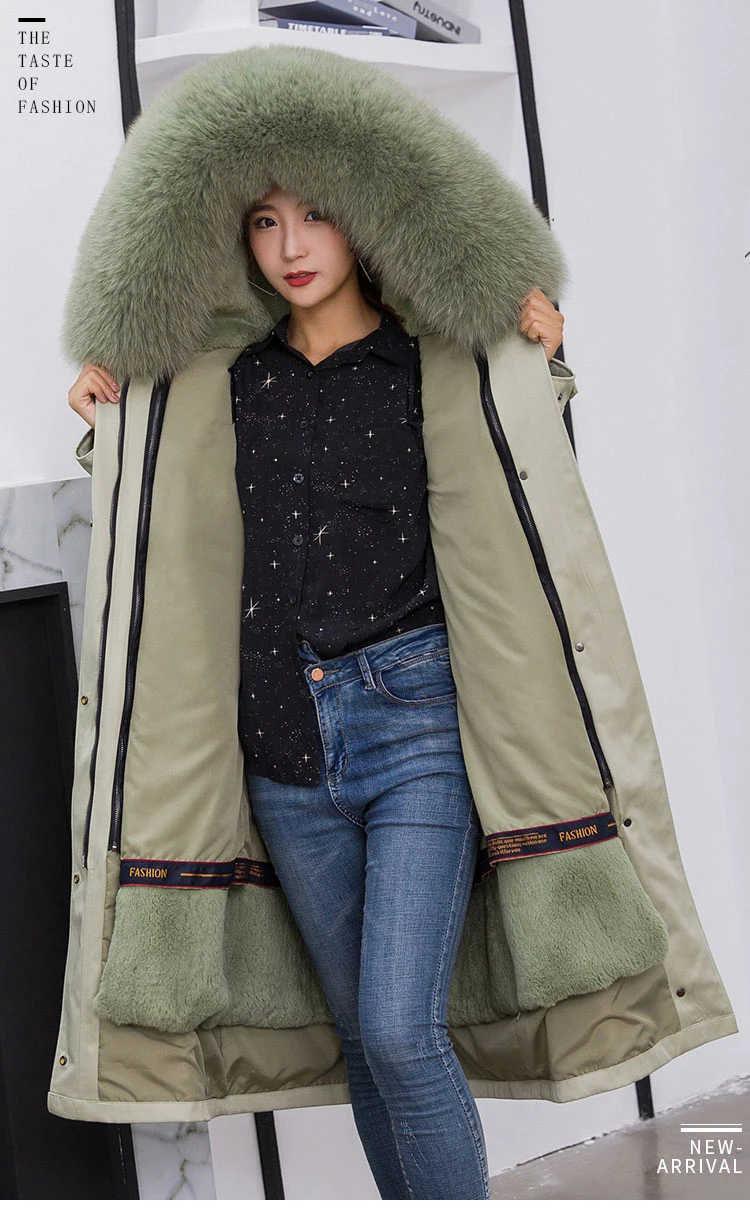 Модное женское длинное пальто с капюшоном и подкладкой из кроличьего меха парки