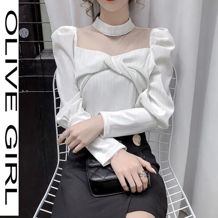 

Top Women's Slim Long Sleeve Shirt 2021 Spring New Sweet Little Fresh Stitching Fake Two Pieces of Velvet Shirt