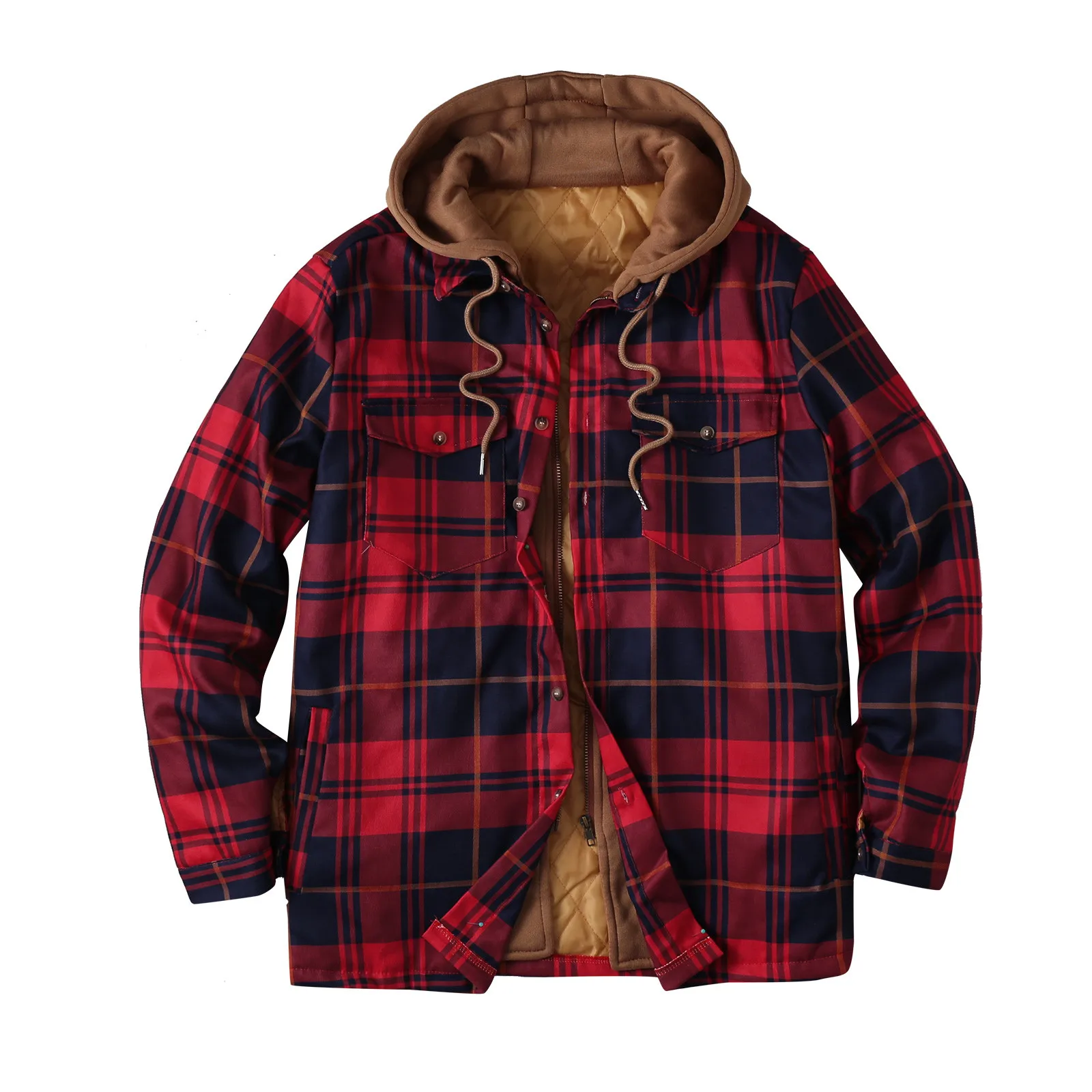

Осенне-зимняя мужская куртка, Толстая теплая ветровка, клетчатая верхняя одежда с отложным воротником и карманами и капюшоном, куртка с под...