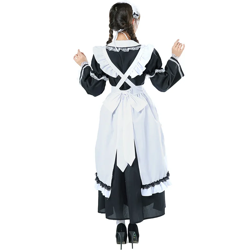 

vintage long maid housekeeper uniform lace apron big bow black and white lovely anchor dress