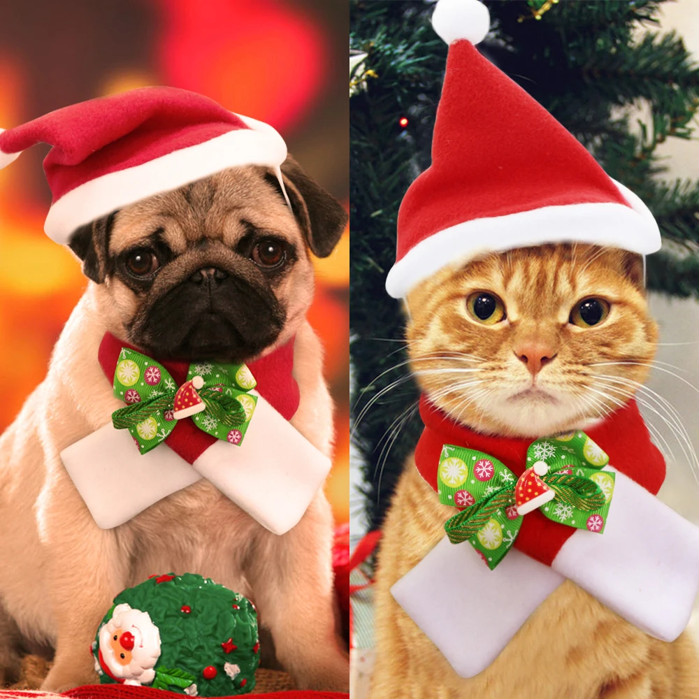 

Christmas Dog Cat Hat Costume Hat Cute Dog Bow Tie Tie Scarf Pug Scarf Cover Pet Supplies Small Cats And Dogs Winter Warm Kitten