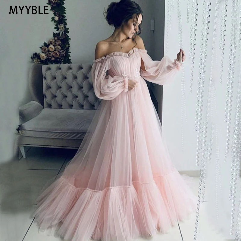 MYYBLE Blush Pink Tulle Evening Dress 2020 A-Line Long Sleeves Sweetheart-Neck Long Maternity Evening Gown for Pregnant Woman