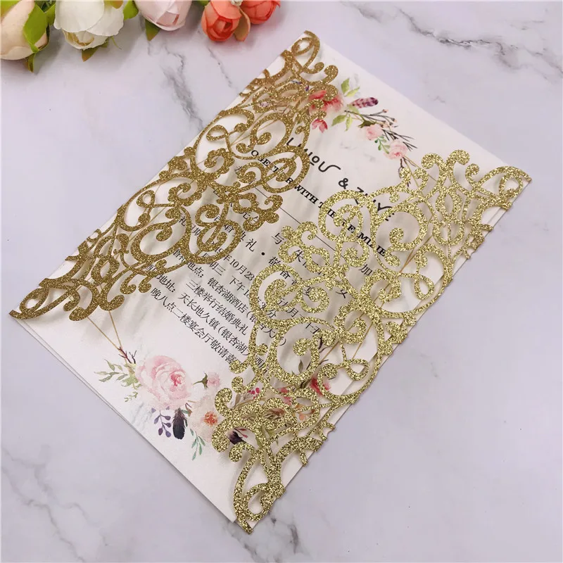 gold glitter 1X золото/серебро/Роза/Шампань/розовый блеск темно-синий/черный жемчуг полые и цветок Лазерная резка свадебные пригласительные открытки - Цвет: gold glitter