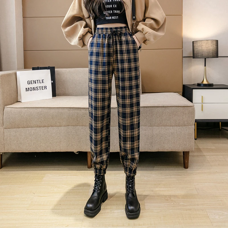 

Fall Winter New High Waisted Plaid Pants Women Korean Style Baggies Drawstring Harem Pant Female Casual Bottoms Sweatpants 2021