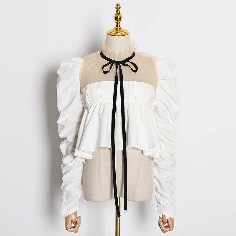 Женская винтажная блузка TWOTWINSTYLE Лоскутная сетчатая рубашка с воротником-стойкой