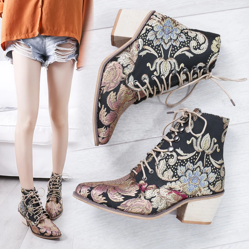 

Fashion Autumn Retro Women Embroidery Flower Short Boots Lady Elegant Lace Up Ankle Boots Female Chunky Botas Mujer size 35-43