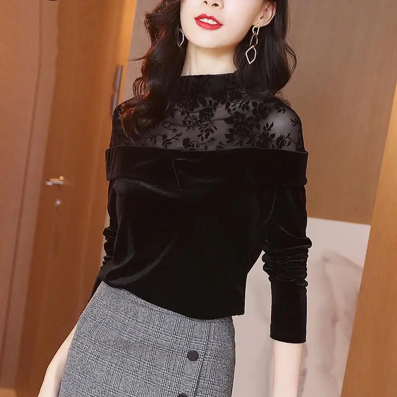 

Blouse Women Top Women's Long Sleeve Autumn and Winter Turtleneck Sexy Mesh Stitching Lace Blusas Ropa De Mujer