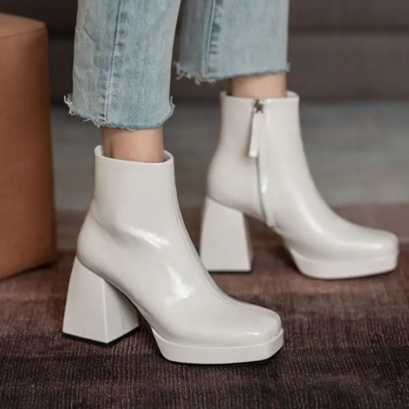 

KemeKiss Genuine Leather Woman Ankle Boots Fashion Platform Zipper High Heel Winter Shoes Woman Short Boot Footwear Size 34-40