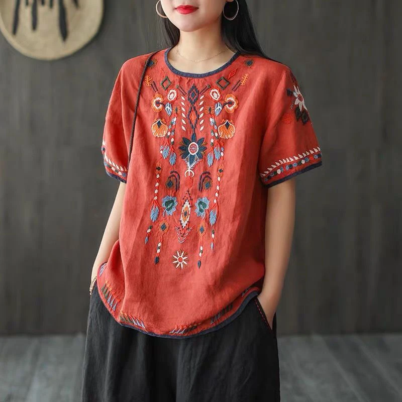 

Женская свободная футболка с коротким рукавом, винтажная льняная хлопковая Футболка с вышивкой, топ с круглым вырезом, S869, лето 2020
