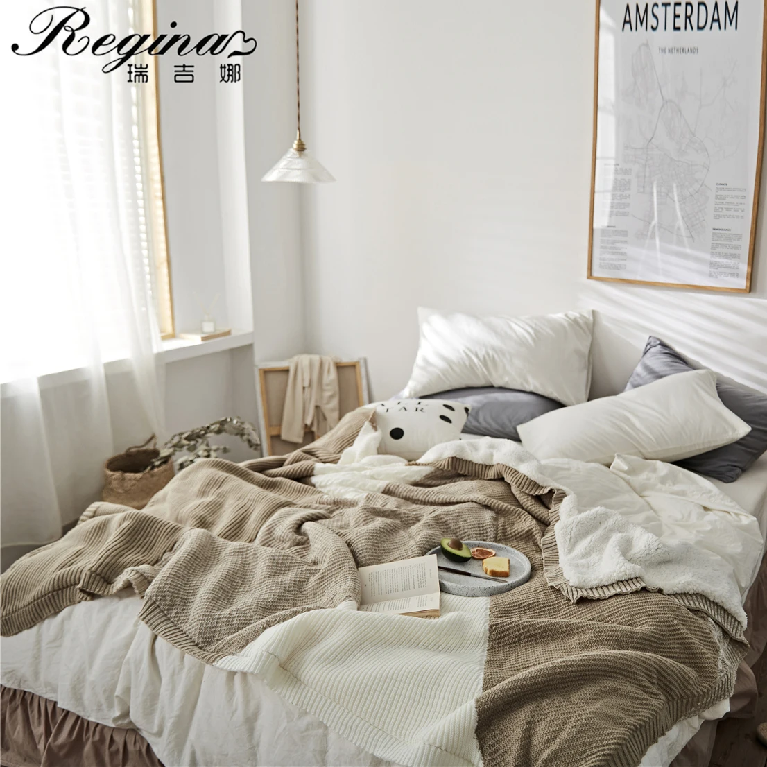 

REGINA Autumn Fluffy Warm Sherpa Blanket Elegant Texture Delicate Gray Plaid Quilt Knitted Bed Double Decorative Throw Blanket