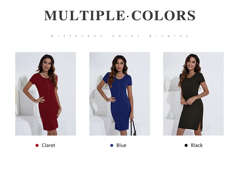 

Summer Fashion Round Neck High Waist Tight Dress Blue XL Size Dress Buttoned Dress Female Bag Hip Skirt Party Sweet Short Skirt