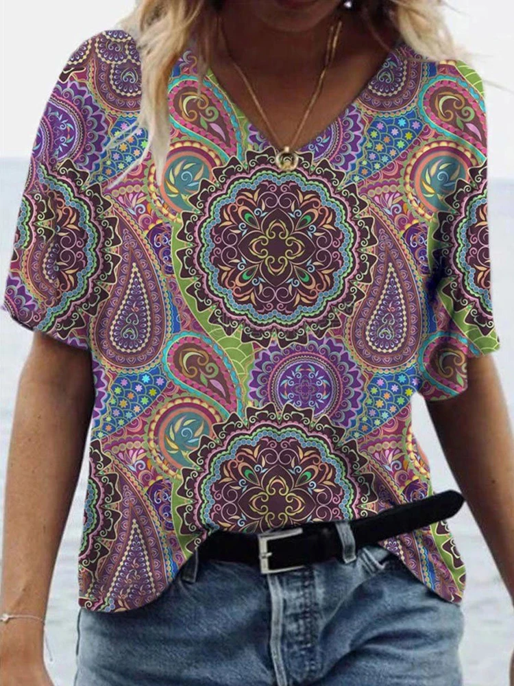 

Fashion Ladies Street V-neck Summer Tee Tie Dye 3d Floral Print Women T Shirts Casual Short Sleeve Loose Plus Size Tops