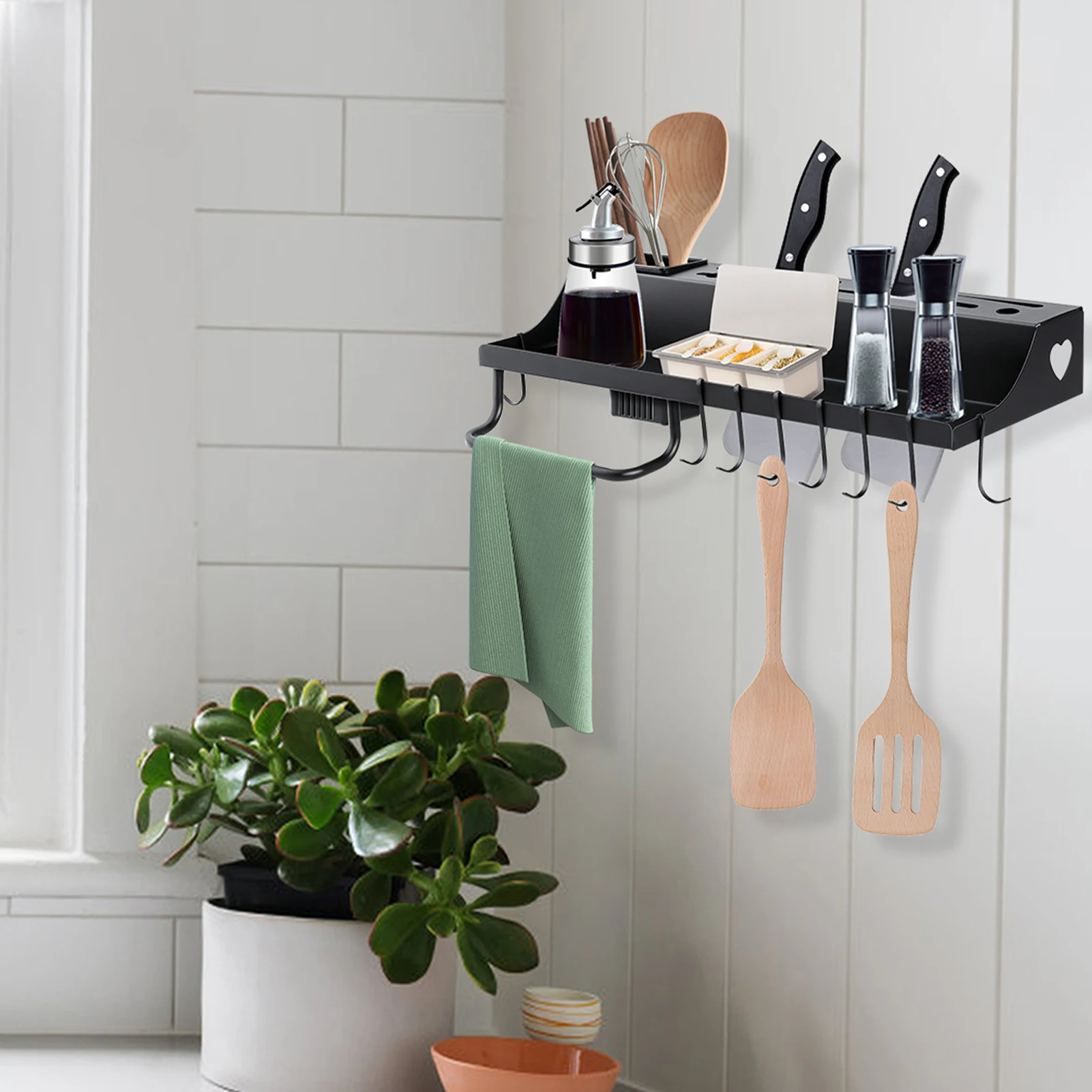 

Kitchen Holder without Drilling with 6 Hooks Stainless Steel Spice Rack Hanging Wall Mount Seasoning Organizer Spoon Holder 40cm