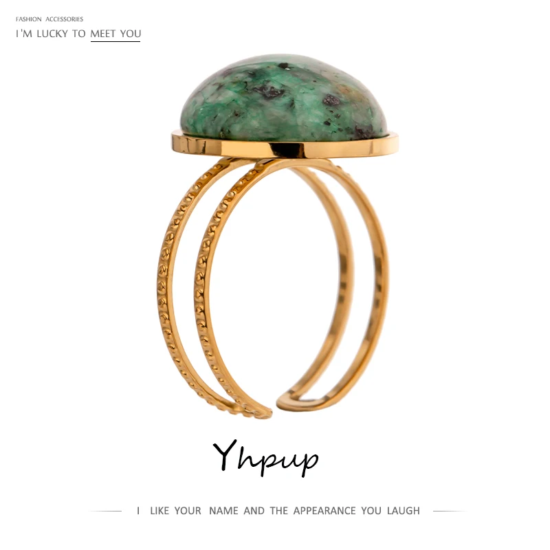 

Yhpup Temperament Green Natural Stone Opening Rings for Women Stainless Steel Punk Jewelry Statement Metal Ring Anillos Mujer