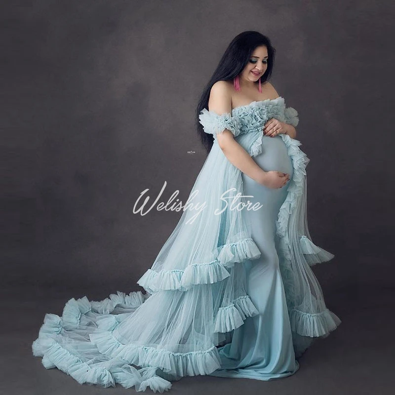 Elegant Light Blue A Line Draped Tiered Ruffles Maternity Dress Women Strapless Tutu Bust Ruffles Pleated Long Tulle Party Gowns