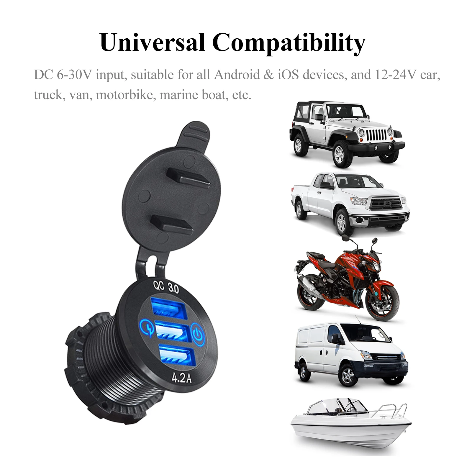 

Autopher 3 USB Port QC3.0 Quick Charge Power Outlet with Touch Switch Wire Fuse for Phone MP4 GPS