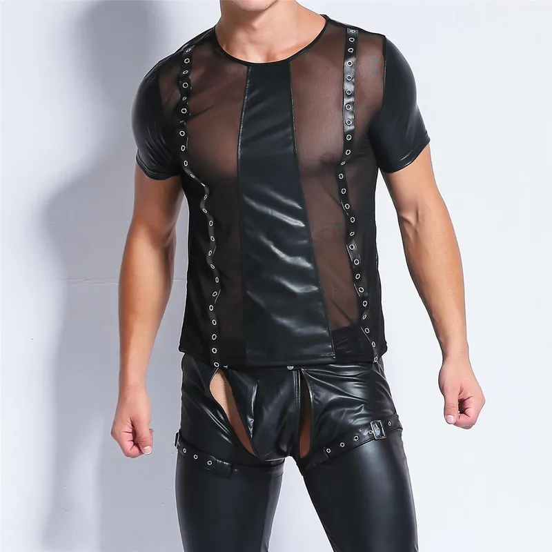 Сексуальные мужские футболки из искусственной кожи сетчатые Лоскутные Топы для