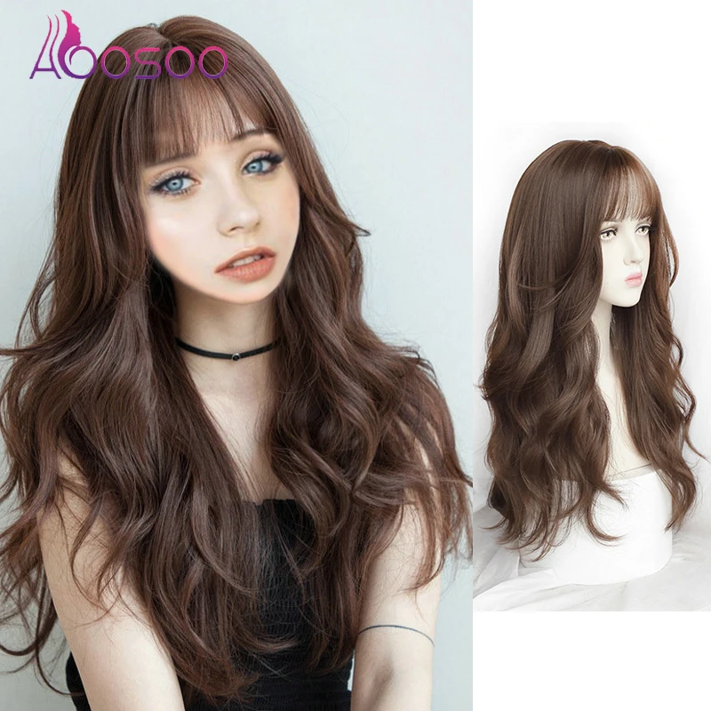 AOOSOO 24 inch Synthetic Long Wavy Wig With Bangs For Women Korean Fashion Long Curly Heat-resistant 200g Wig
