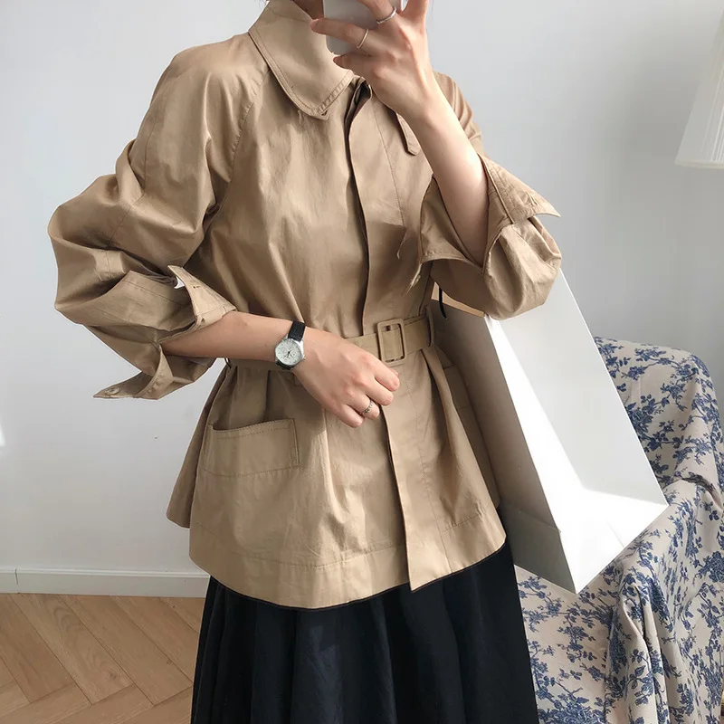 Spring New Khaki Short Trench Coat for Women Fashion Turn-down Collar Single Breasted Loose Cotton Female Overcoats with Sashes