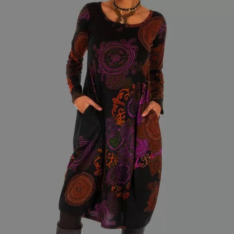 

Women Retro Floral Print Pocket O Neck Party Dresses Spring Autumn Long Sleeve A-Line Midi Dress Ladies New Casual Loose Dresses