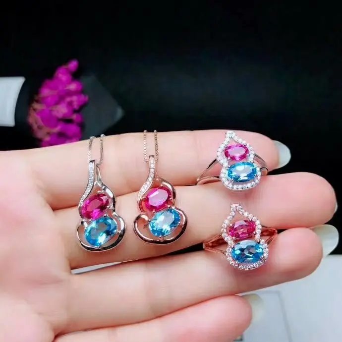 

SHILOVEM 925 STERLING SILVER NATURAL BLUE PINK TOPAZ RING PENDANTS FINE JEWELRY WOMEN WEDDING OPEN SEND NECKLACE YHTZ465768AGBFB